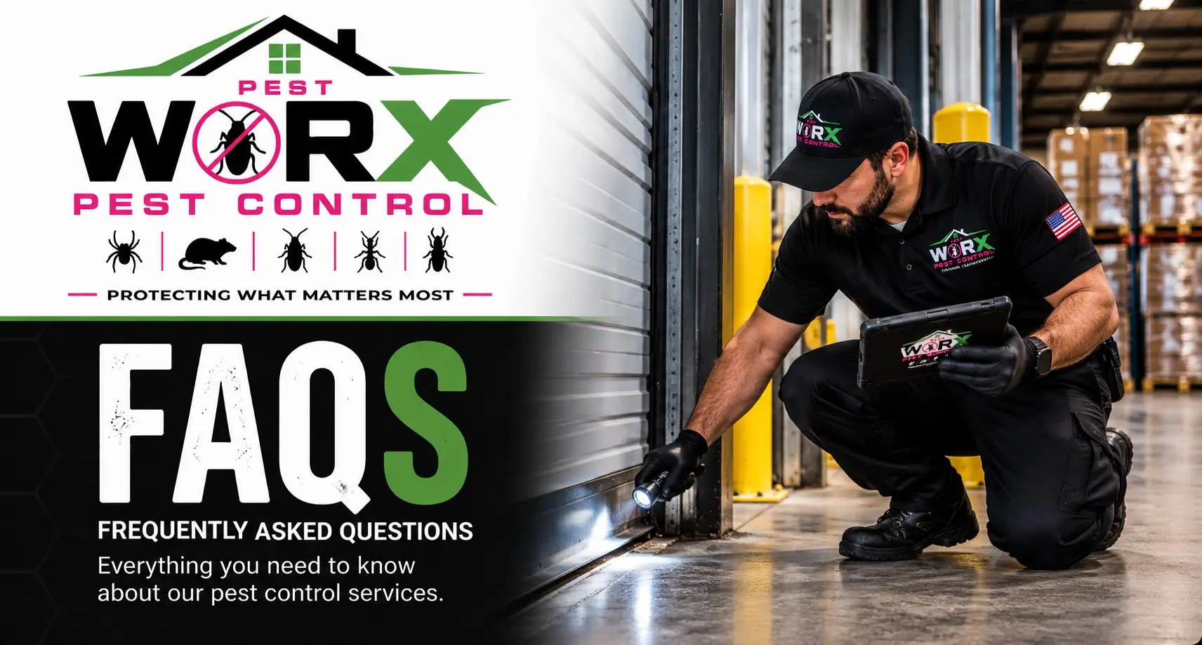 Pest Worx commercial pest control FAQ banner showing a technician inspecting a warehouse loading dock door for pest entry points in South Florida.