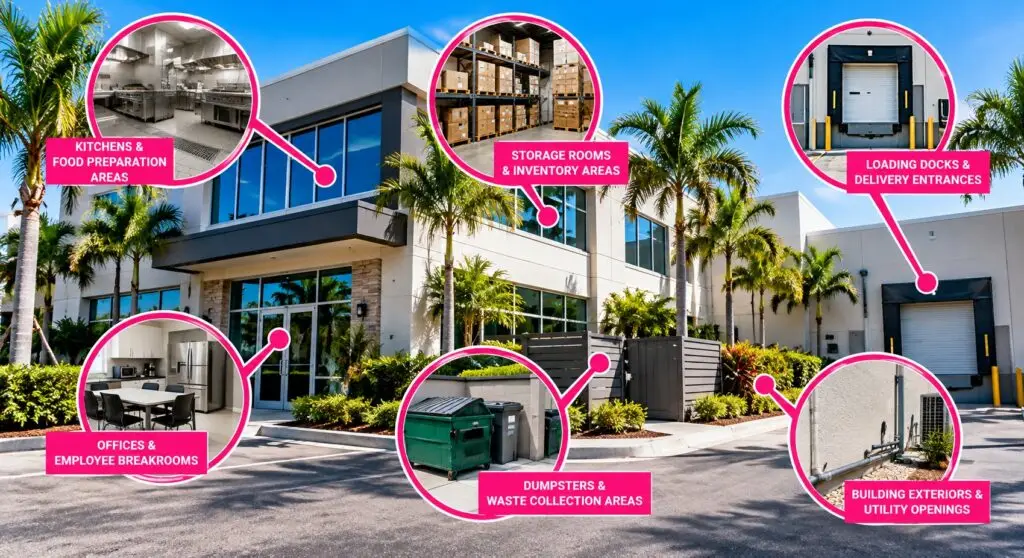 Commercial pest control infographic showing six target areas at a South Florida business, including kitchens, storage rooms, loading docks, offices, dumpsters and utility openings.