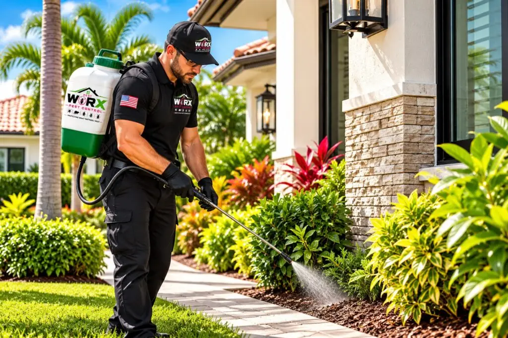 Pest Worx technician spraying shrubs and mulch beds along the exterior of a South Florida home using a backpack sprayer for perimeter pest protection.
