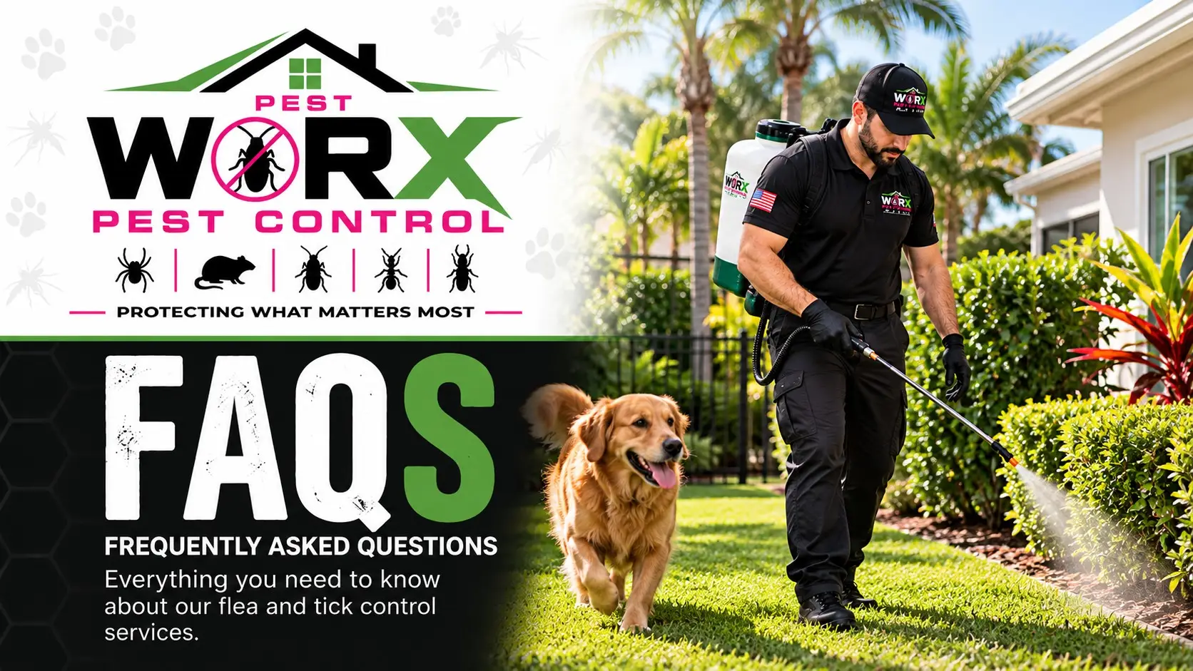 Pest Worx flea and tick control FAQ banner featuring a technician treating landscaping at a South Florida home with a golden retriever nearby.
