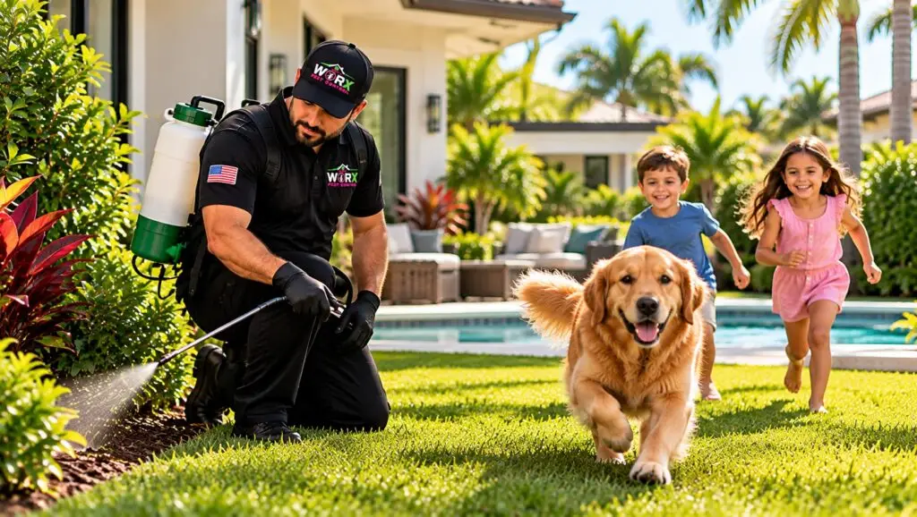 Pest Worx technician applying flea and tick treatment to landscaping beside a South Florida home, with a dog and children in the yard.