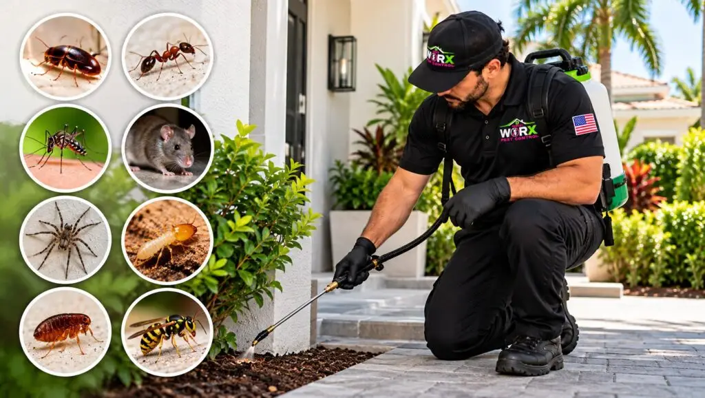 Pest Worx technician treating landscaping along a South Florida home's foundation, with images of common household pests.