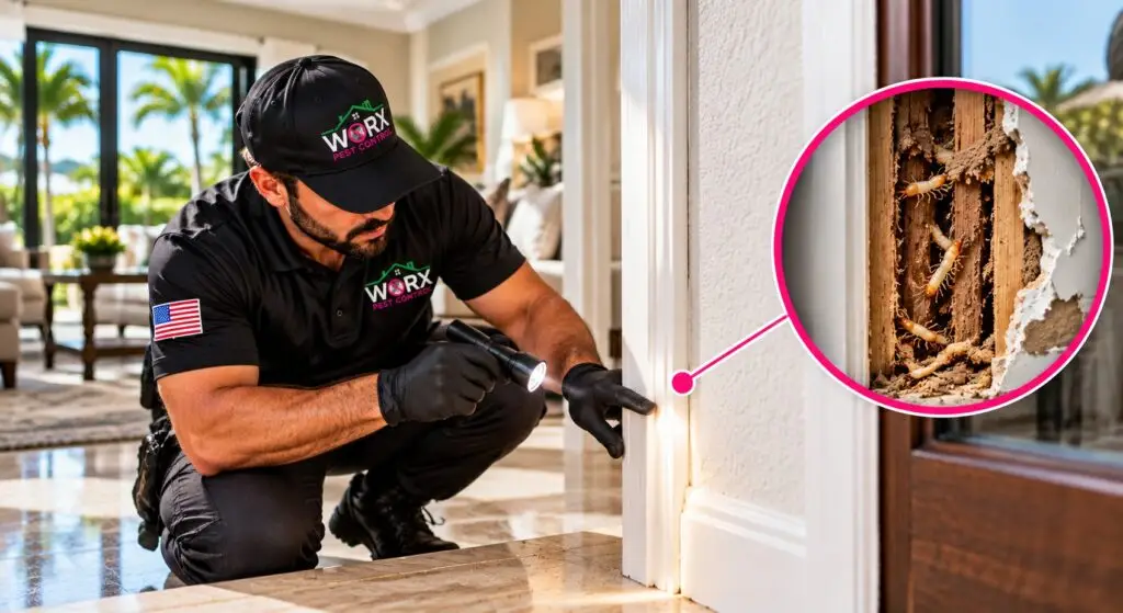 Pest Worx termite control technician inspecting a South Florida home's doorframe with a magnified cutaway showing hidden termite damage and termites inside the wood.
