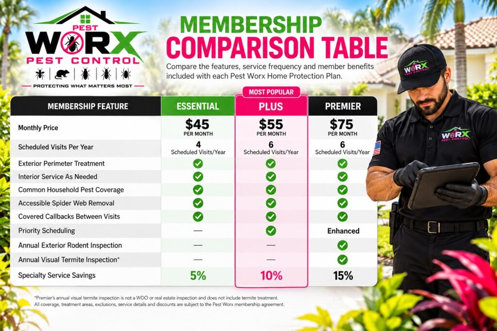 Pest Worx home pest control membership comparison showing Essential at $45, Plus at $55 and Premier at $75 per month with included services.