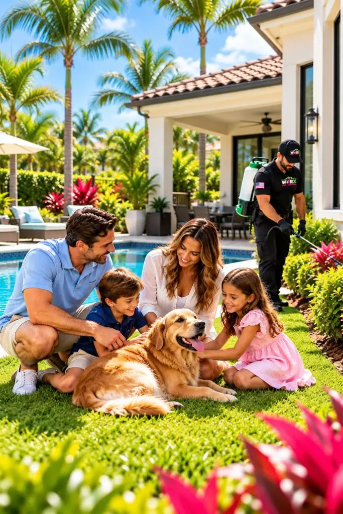 South Florida family enjoying their backyard with a golden retriever while a Pest Worx technician treats landscaping near their home.