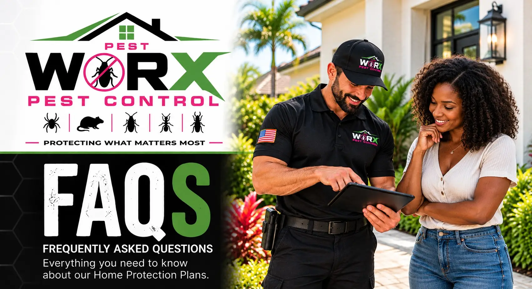 Pest Worx Home Protection Plans FAQ banner showing a technician reviewing pest control membership options on a tablet with a Black female homeowner outside a South Florida home.