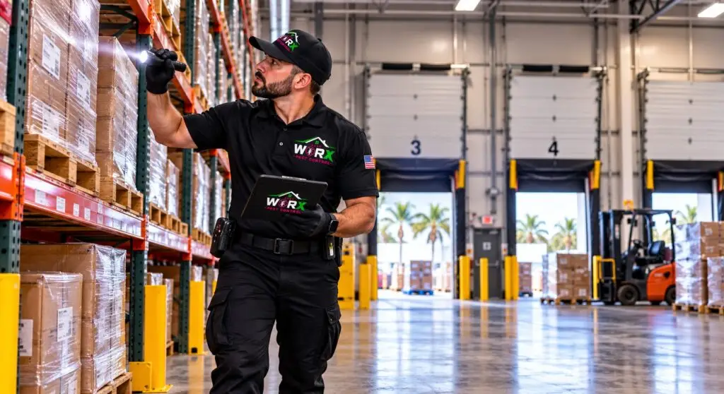 Pest Worx commercial pest control technician inspecting warehouse storage racks and packaged inventory with a flashlight and tablet at a South Florida industrial facility.