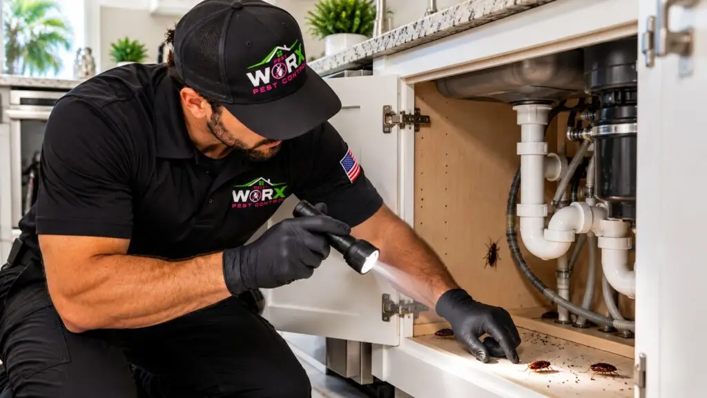 Pest Worx technician inspecting cockroaches beneath a kitchen sink with a flashlight in a South Florida home.