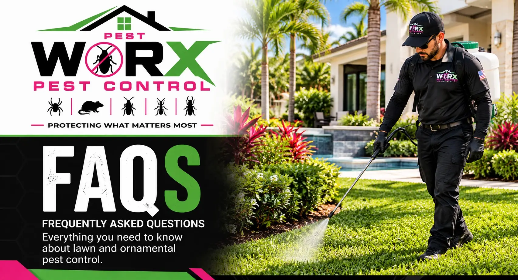 Pest Worx lawn and ornamental pest control FAQ banner showing a technician spraying a South Florida lawn beside tropical landscaping and a swimming pool.