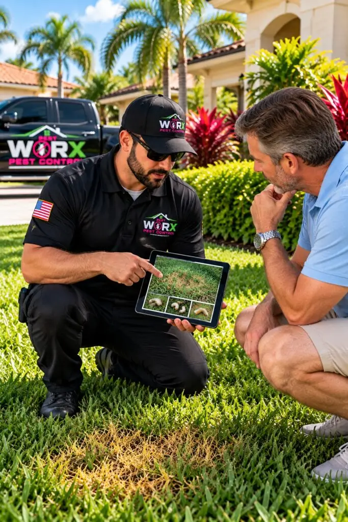 Pest Worx technician discussing lawn pest damage with a homeowner while showing inspection photos on a tablet beside yellowing grass at a South Florida home.