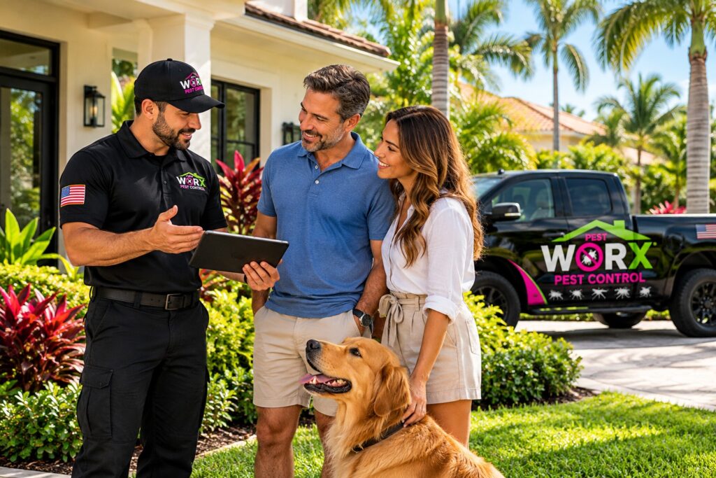 Pest Worx technician discussing flea and tick control with homeowners and their golden retriever outside a South Florida home.