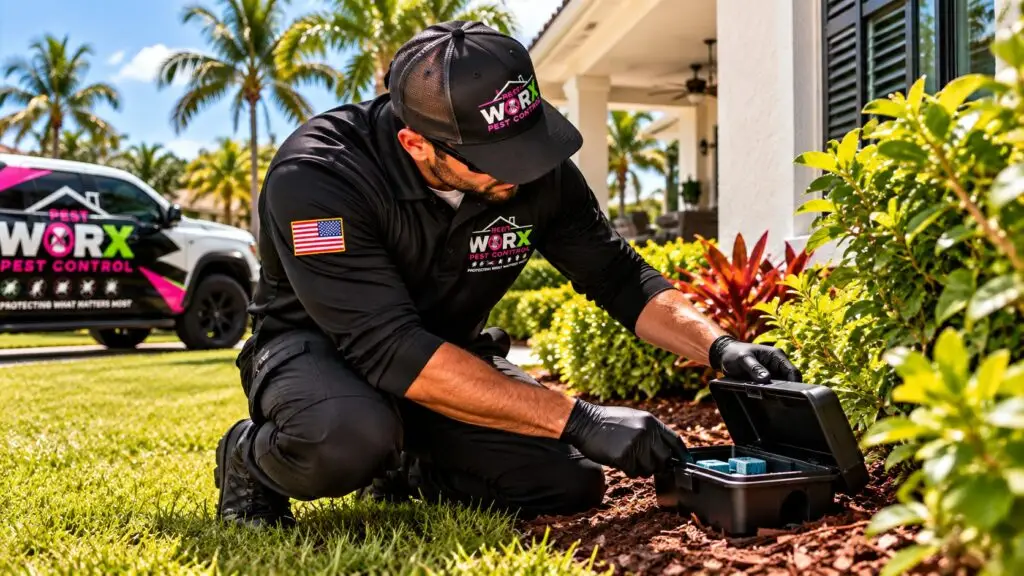 Pest Worx technician inspecting a rodent bait station outside a South Florida home as part of ongoing rat and mouse control.