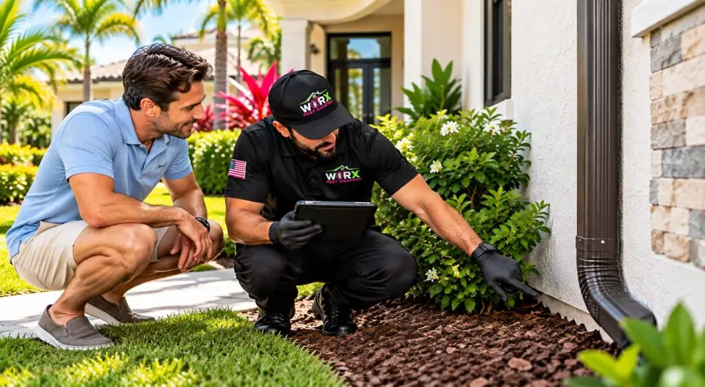 Pest Worx technician inspecting a potential pest entry point along a South Florida home's foundation while a homeowner watches.