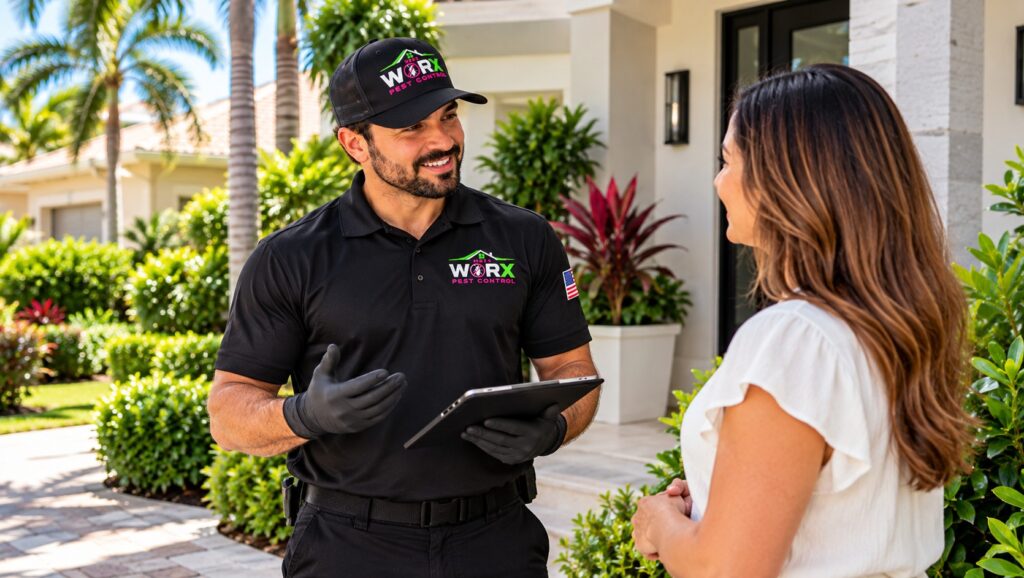 Pest Worx technician discussing cockroach control services with a homeowner outside a South Florida home.