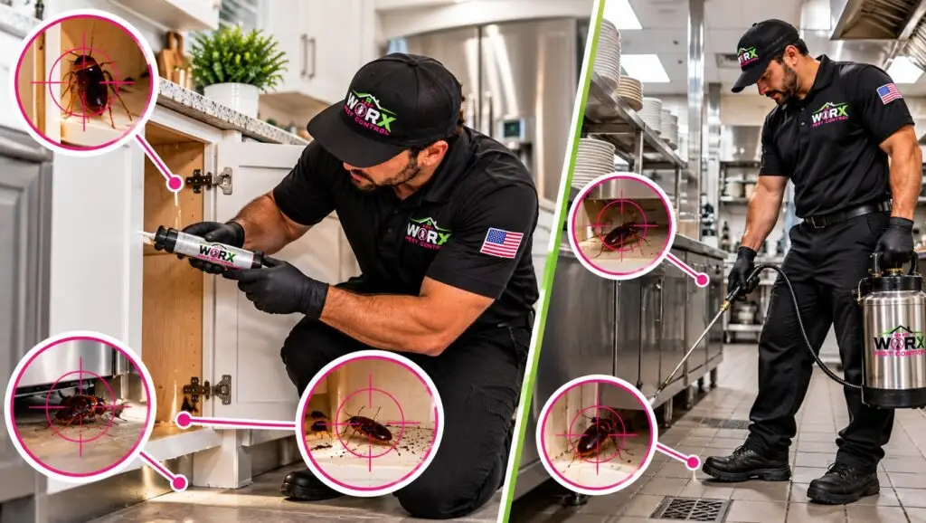 Pest Worx technicians treating cockroach hiding areas in a residential kitchen and commercial facility in South Florida.