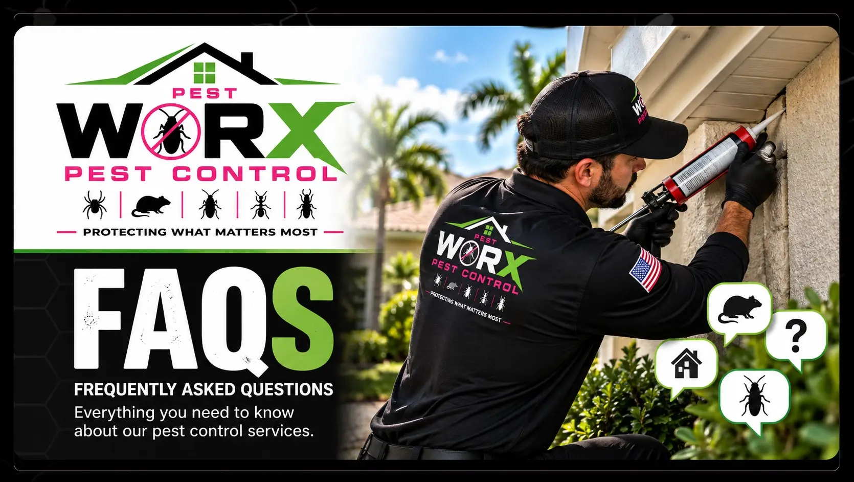 Pest Worx rodent control FAQ banner showing a technician sealing a potential rodent entry point beneath the roofline of a South Florida home.