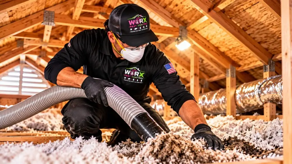 Pest Worx technician wearing protective equipment and using a vacuum hose to remove insulation from a South Florida home's attic.