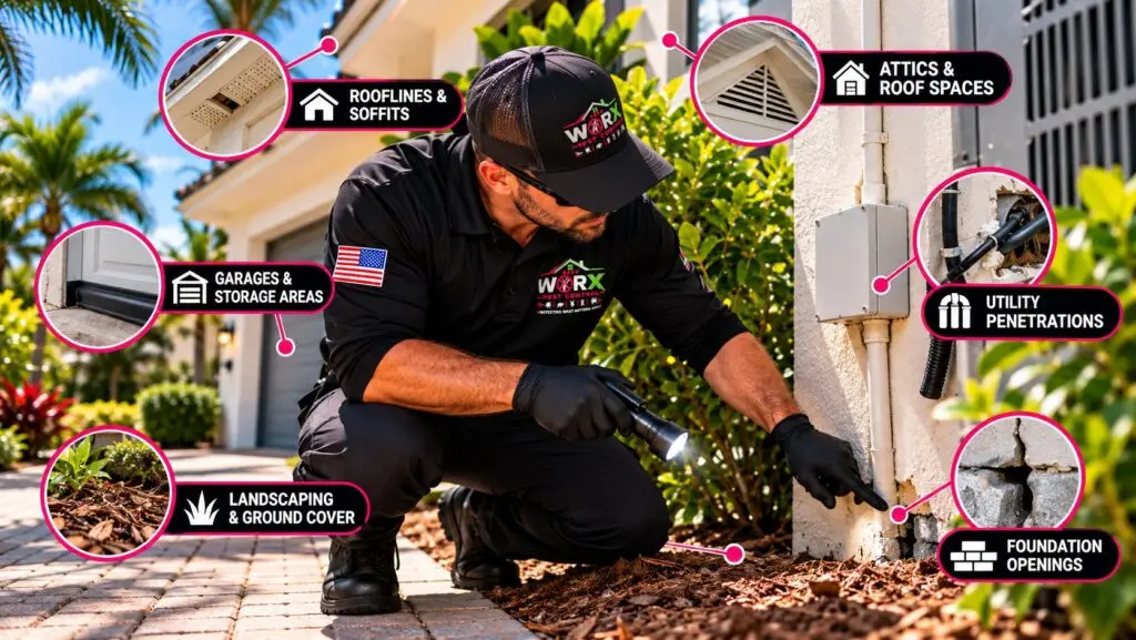 Pest Worx technician inspecting rodent entry points at a South Florida home, including rooflines, soffits, utility openings, garages and foundations.