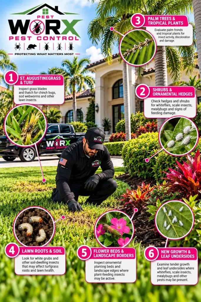 Pest Worx infographic showing six lawn and ornamental pest inspection areas: St. Augustinegrass, shrubs, palms, lawn soil, flower beds and leaf undersides.