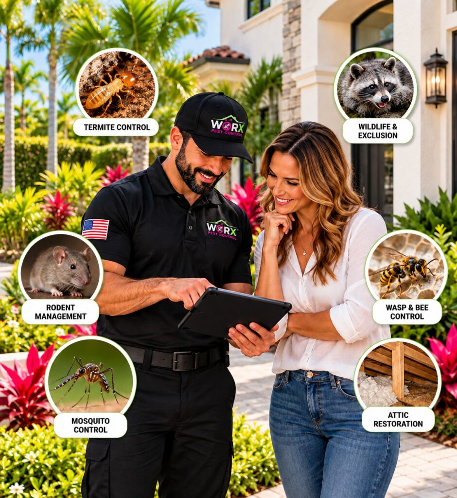 Pest Worx technician reviewing specialty pest control options with a South Florida homeowner, surrounded by termite, rodent, mosquito, wildlife, wasp and attic restoration callouts.