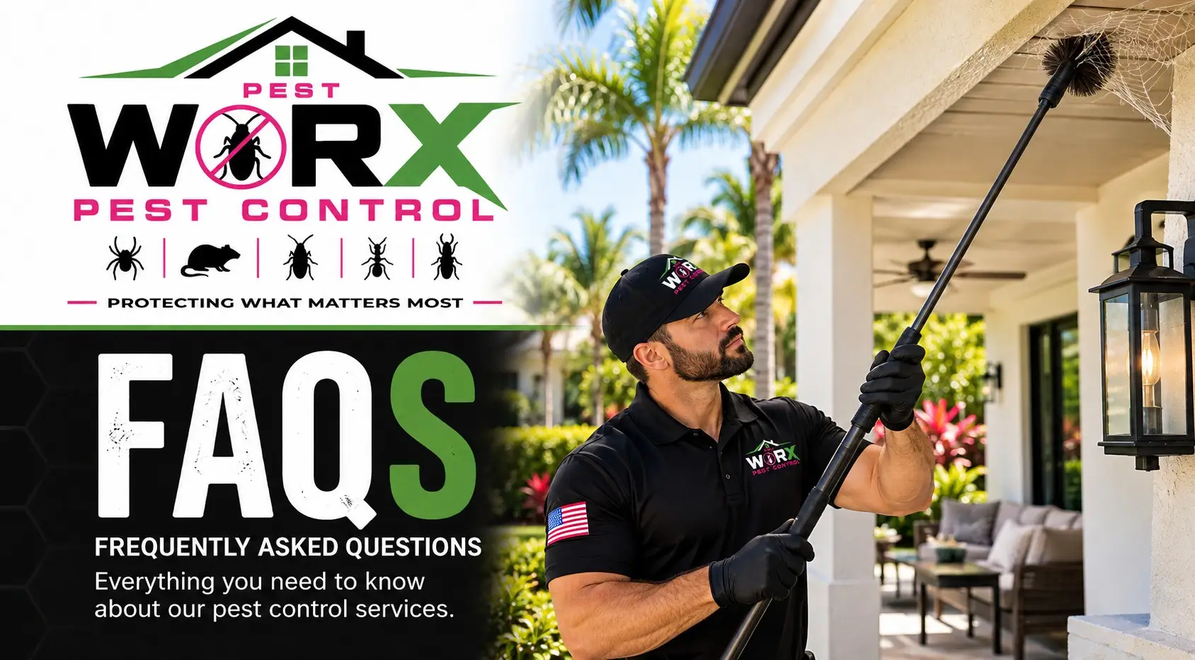 Pest Worx Spider Control FAQ banner featuring a technician removing spider webs from a South Florida home's roof overhang using a long extension brush.