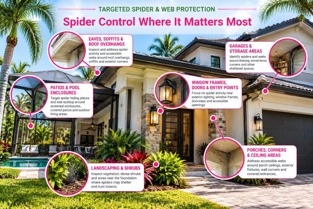 South Florida home infographic showing six spider control target areas: eaves and soffits, pool enclosures, garages, windows and doors, landscaping, and covered entryways.