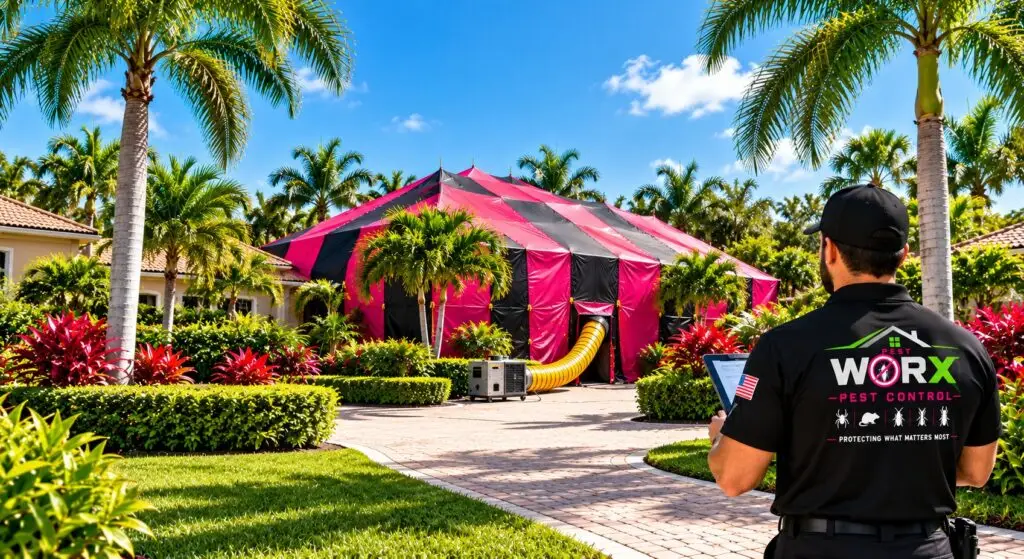 South Florida home fully covered by a pink-and-black structural fumigation tent for drywood termite treatment, with a Pest Worx technician monitoring the property.