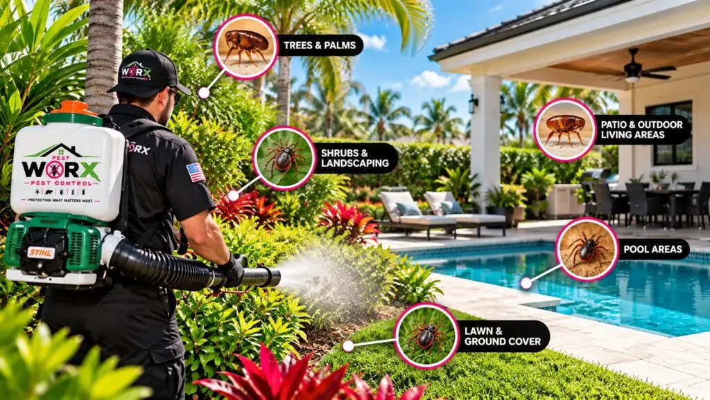 Pest Worx technician treating South Florida landscaping for fleas and ticks, with target points showing lawns, shrubs, palms, patios and poolside areas.