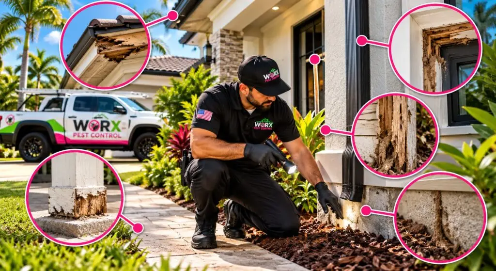 Pest Worx termite control technician inspecting a South Florida home's foundation with five magnified target areas showing termite damage in roof framing, doorframes, wood supports and foundations.