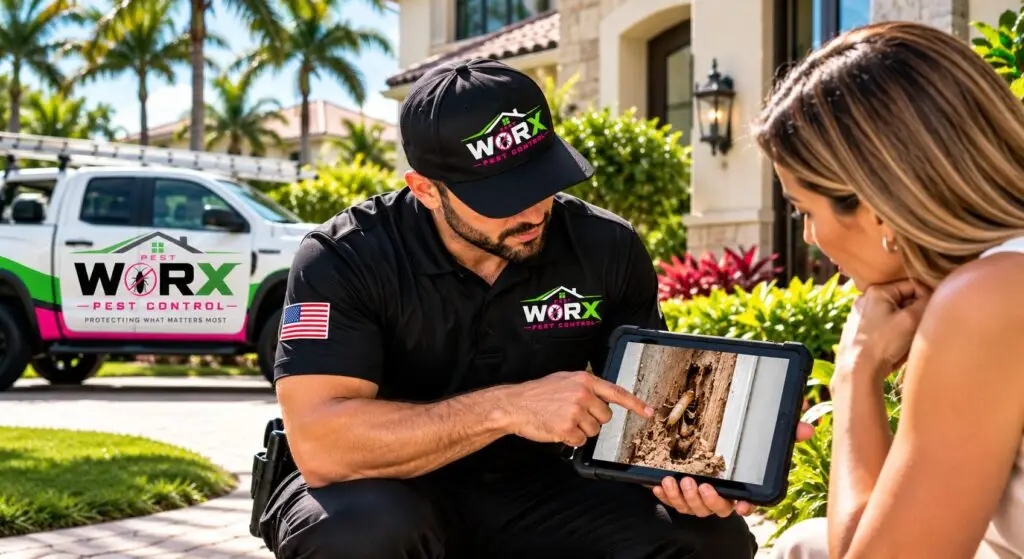 Pest Worx termite control technician showing a South Florida homeowner photos of termite-damaged wood during a residential termite inspection consultation.