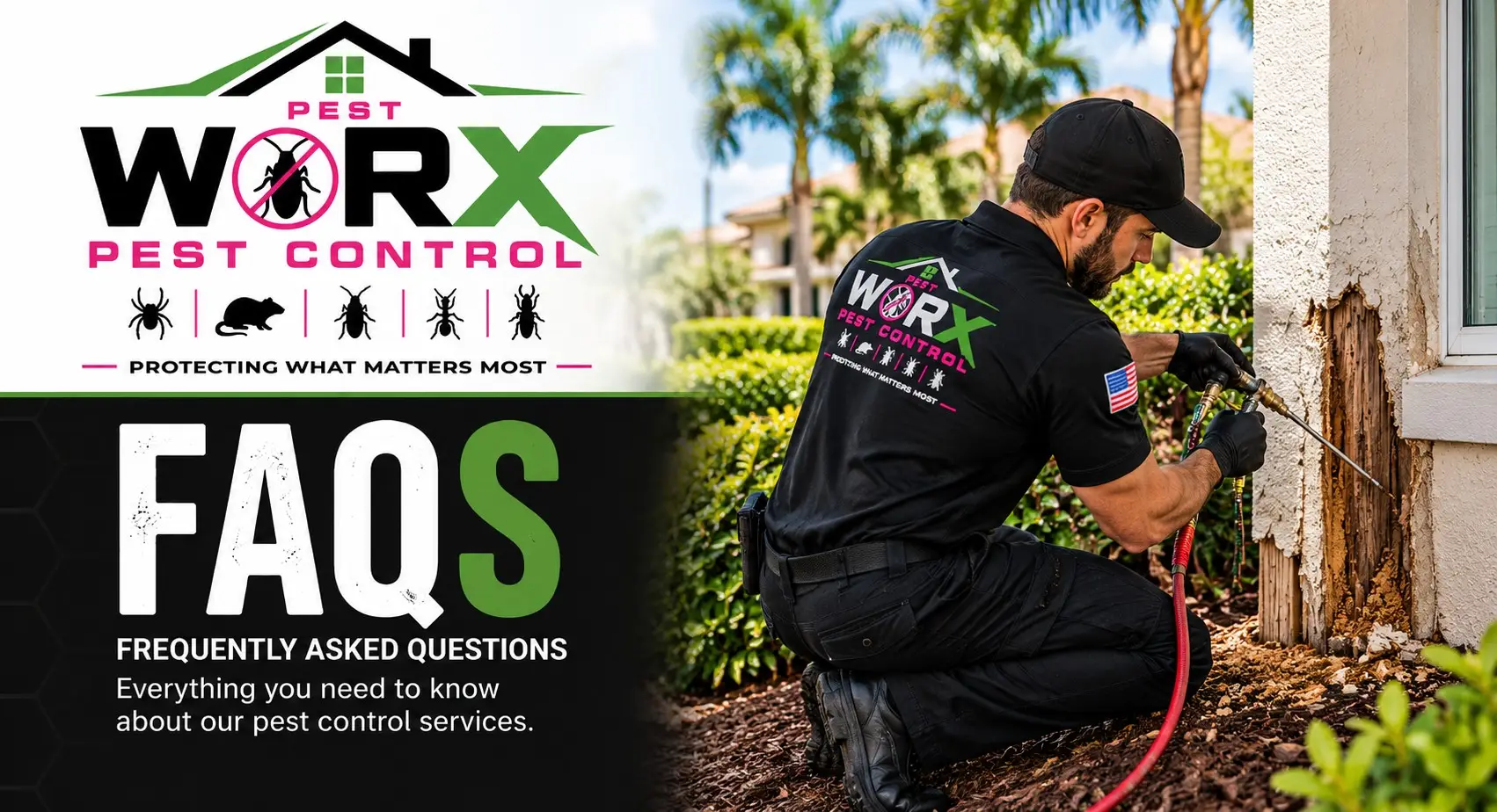 Pest Worx termite control FAQ banner showing a technician applying termite treatment to damaged wood beside a South Florida home.