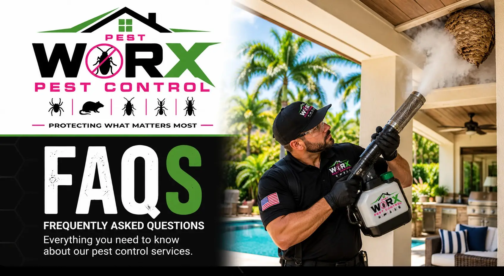 Pest Worx wasp and bee control FAQ banner showing a technician using a smoker near a stinging insect nest beneath a South Florida home's patio roof.
