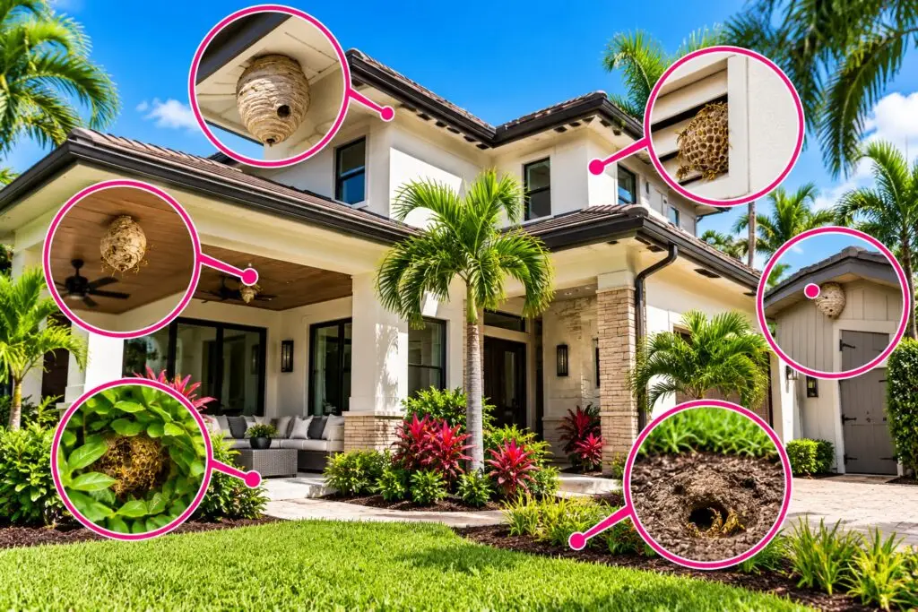 Wasp and bee control infographic showing six nesting areas around a South Florida home, including roof eaves, patios, wall openings, landscaping, sheds and ground nests.