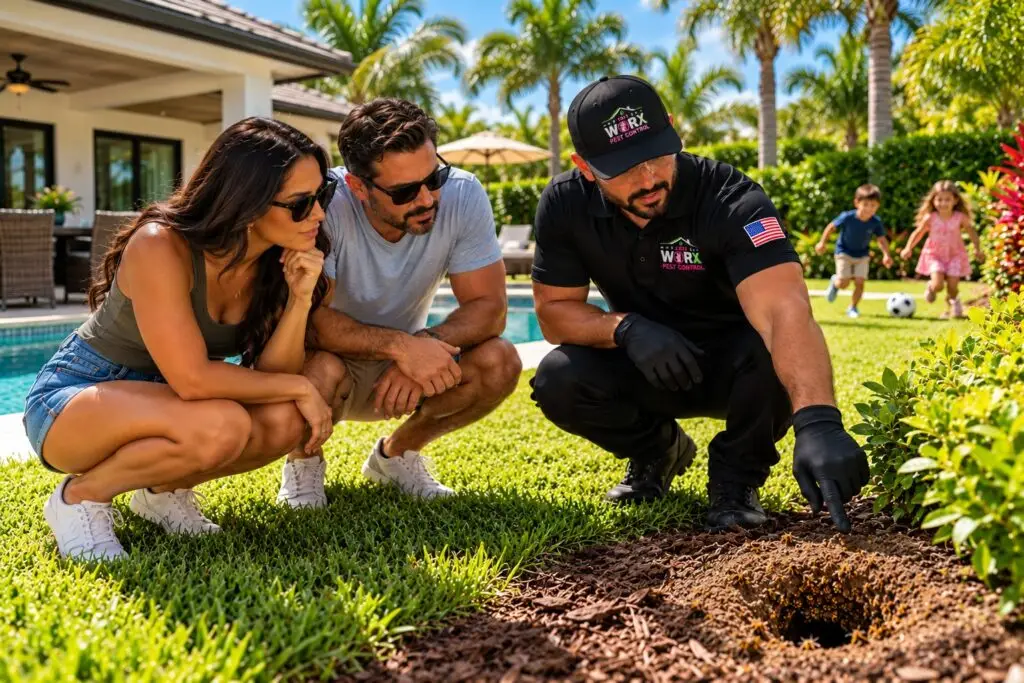 Pest Worx technician showing a husband and wife a ground-level stinging insect nest in their South Florida backyard while their children play in the background.