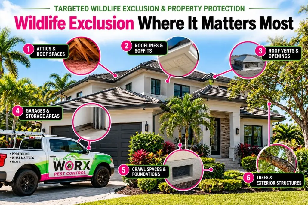 Pest Worx wildlife exclusion infographic highlighting six animal entry points around a South Florida home, including attics, soffits, roof vents, garages, crawl spaces and trees.