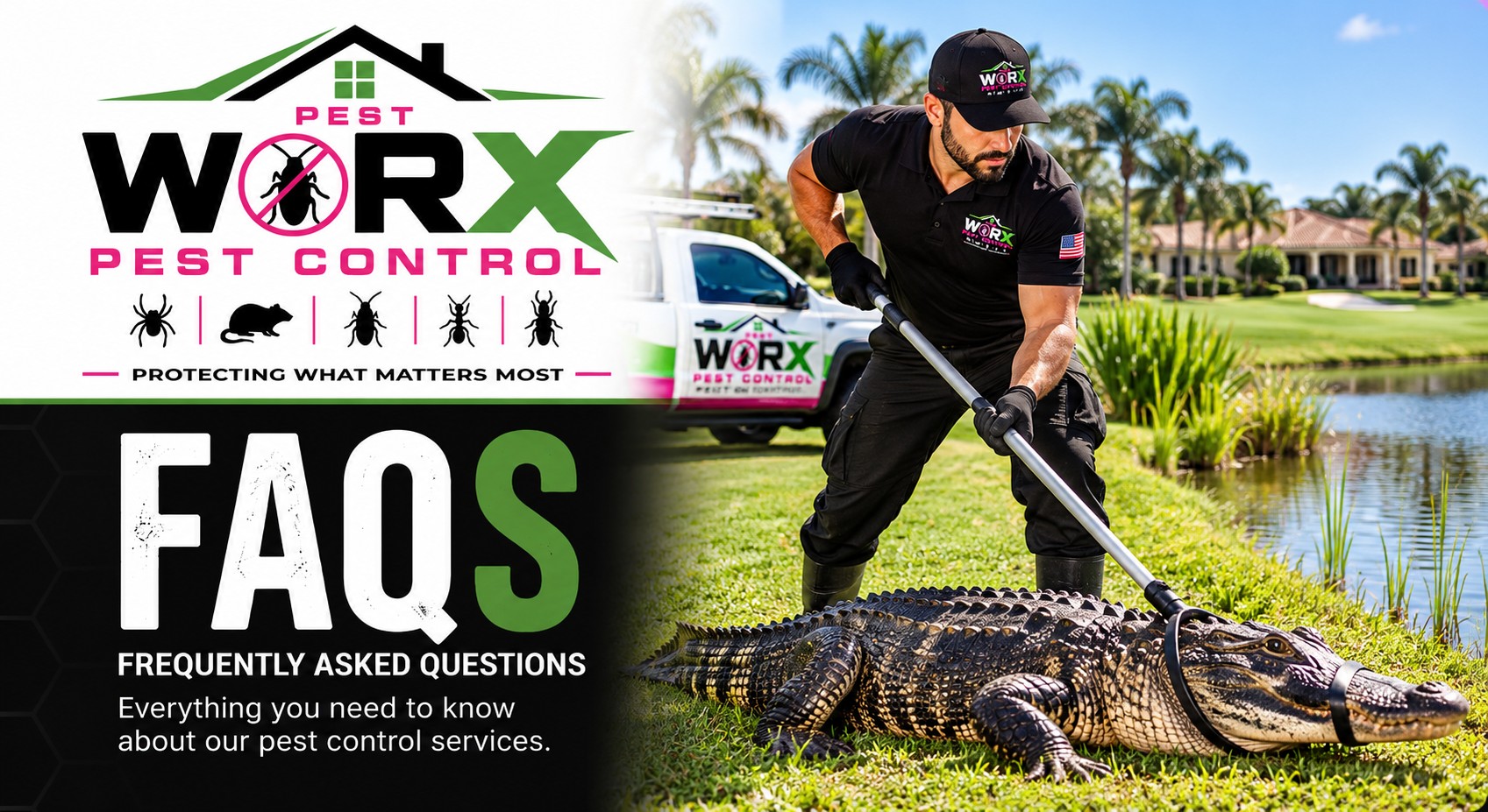 Pest Worx wildlife services FAQ banner showing a technician handling an alligator beside a lake in a South Florida golf-course community.