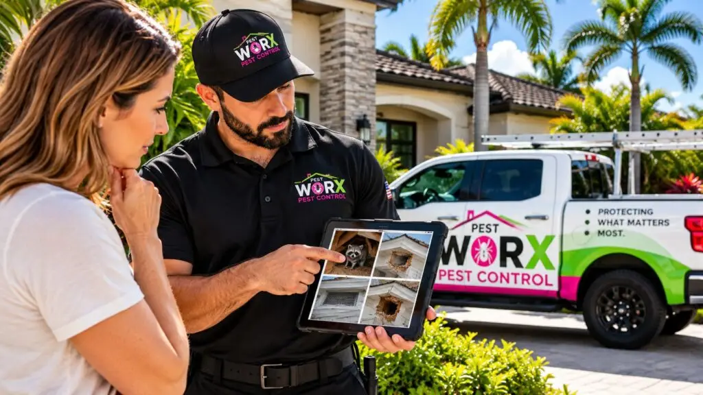 Pest Worx wildlife technician showing a South Florida homeowner photos of a raccoon and damaged roof entry points during an exclusion consultation.