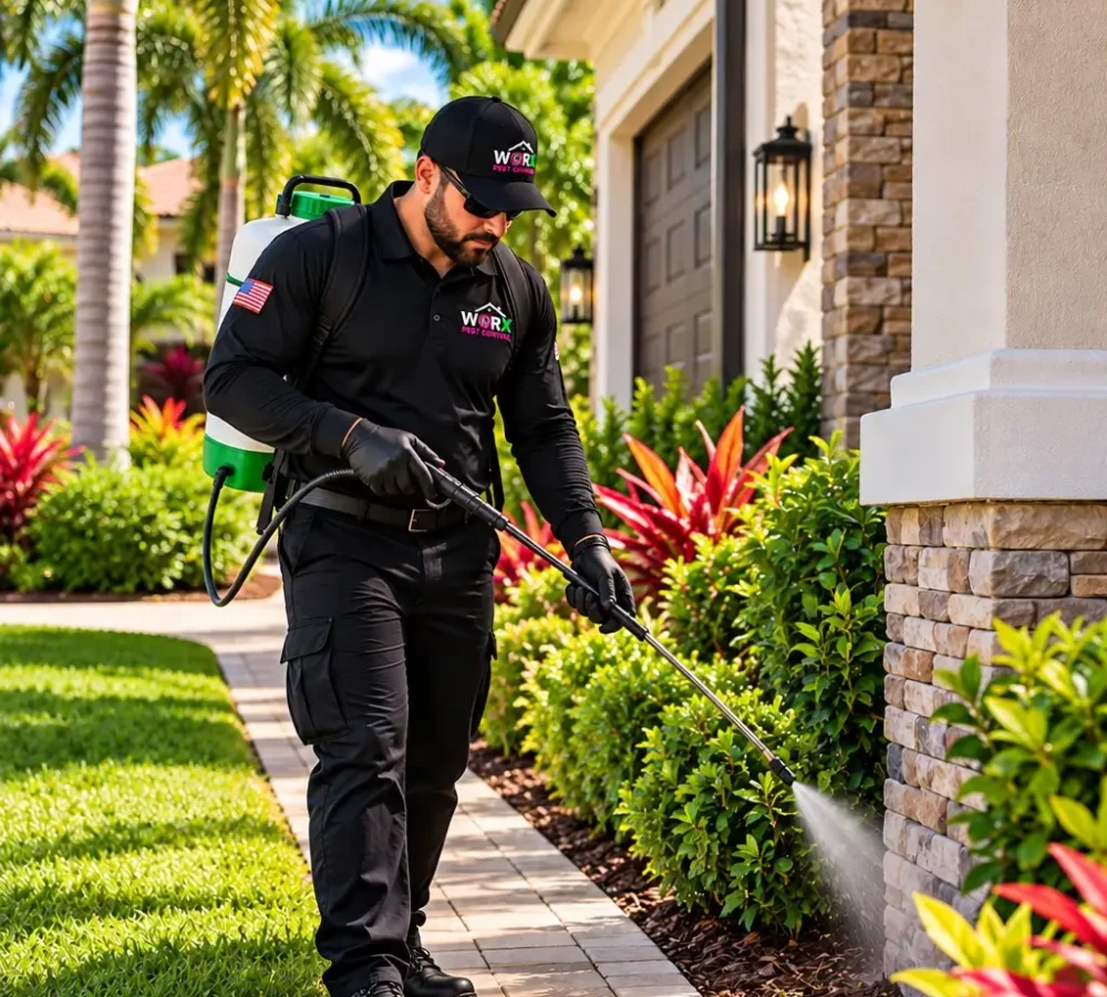 Pest Worx technician applying exterior perimeter pest treatment along the landscaped foundation of a South Florida home with palm trees and ornamental shrubs.