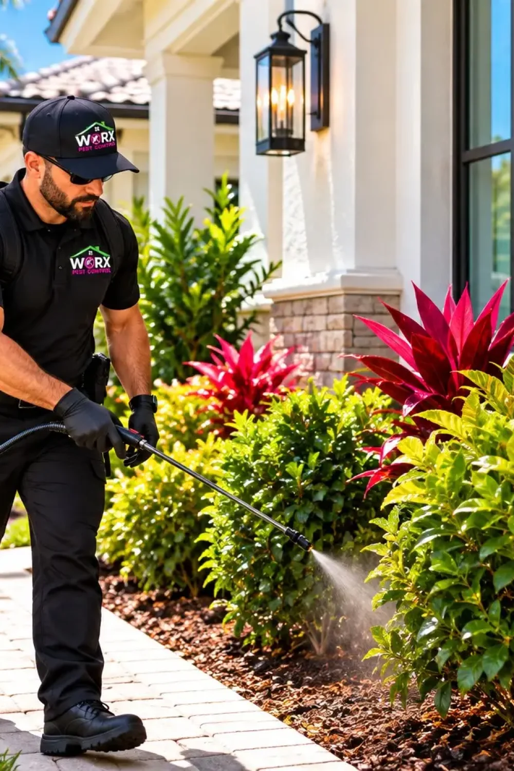 Pest Worx technician applying an exterior perimeter pest control treatment to landscaping and mulch along the foundation of a South Florida home.