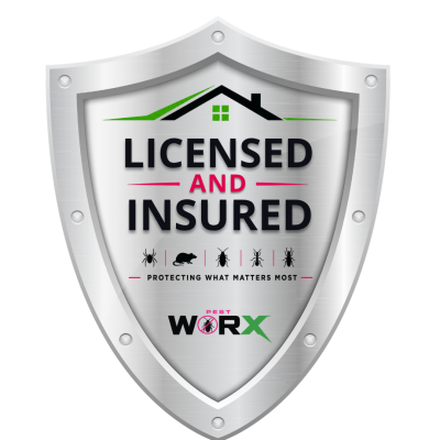Licensed and insured Pest Worx shield badge representing professional residential and commercial pest control services throughout South Florida.