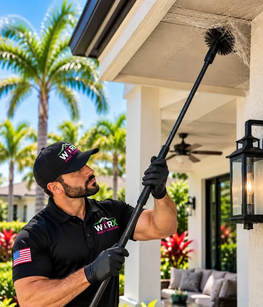 Pest Worx technician using a long extension brush to remove spider webs from a covered patio soffit at a South Florida home.
